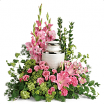 FUF-06 pink roses and stargazer lilies FUNERAL URN FLOWERS