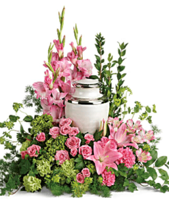 FUF-06 pink roses and stargazer lilies FUNERAL URN FLOWERS