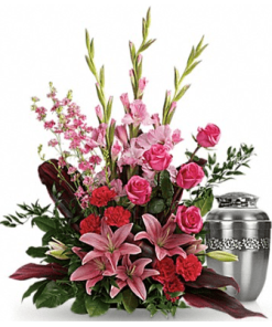FUF-04 pink lilies and roses FUNERAL URN FLOWERS