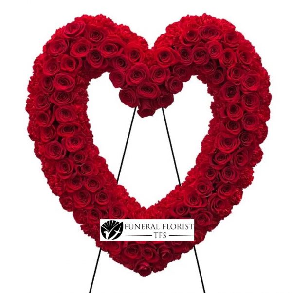 red heart shaped wreath for funeral